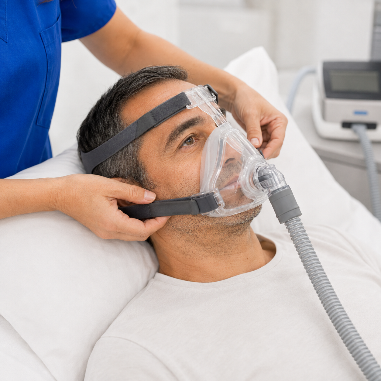 Operatore sanitario applica la maschera CPAP a un paziente disteso