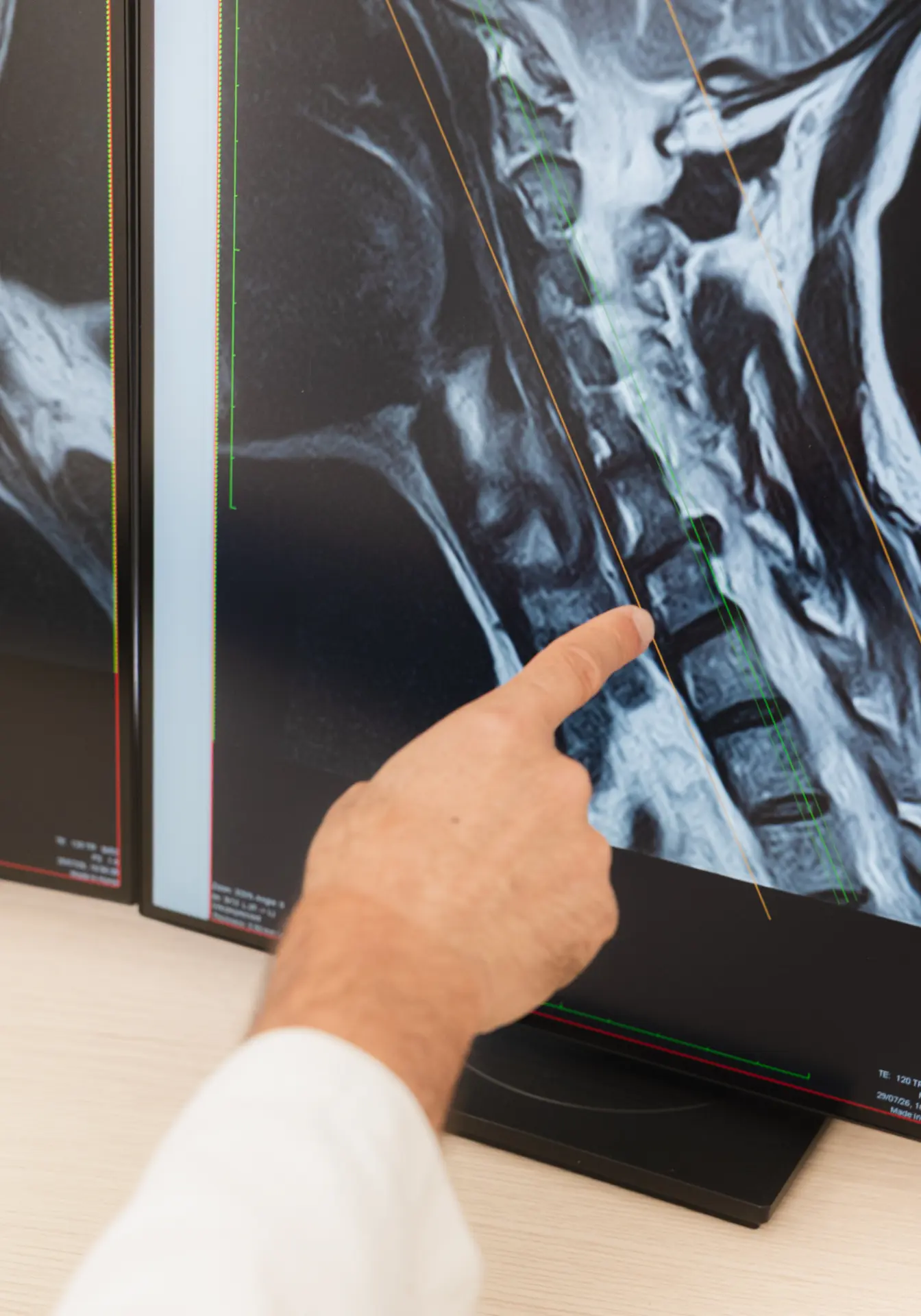 Immagine di risonanza magnetica della colonna vertebrale su un monitor diagnostico.