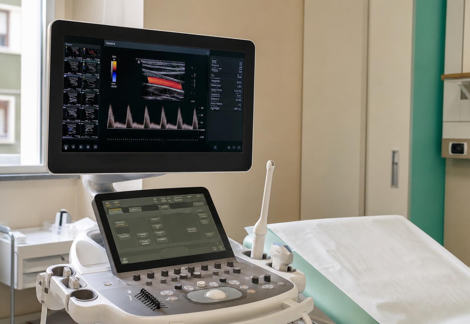 Medico che osserva un tracciato ecodoppler dei vasi su un monitor clinico.